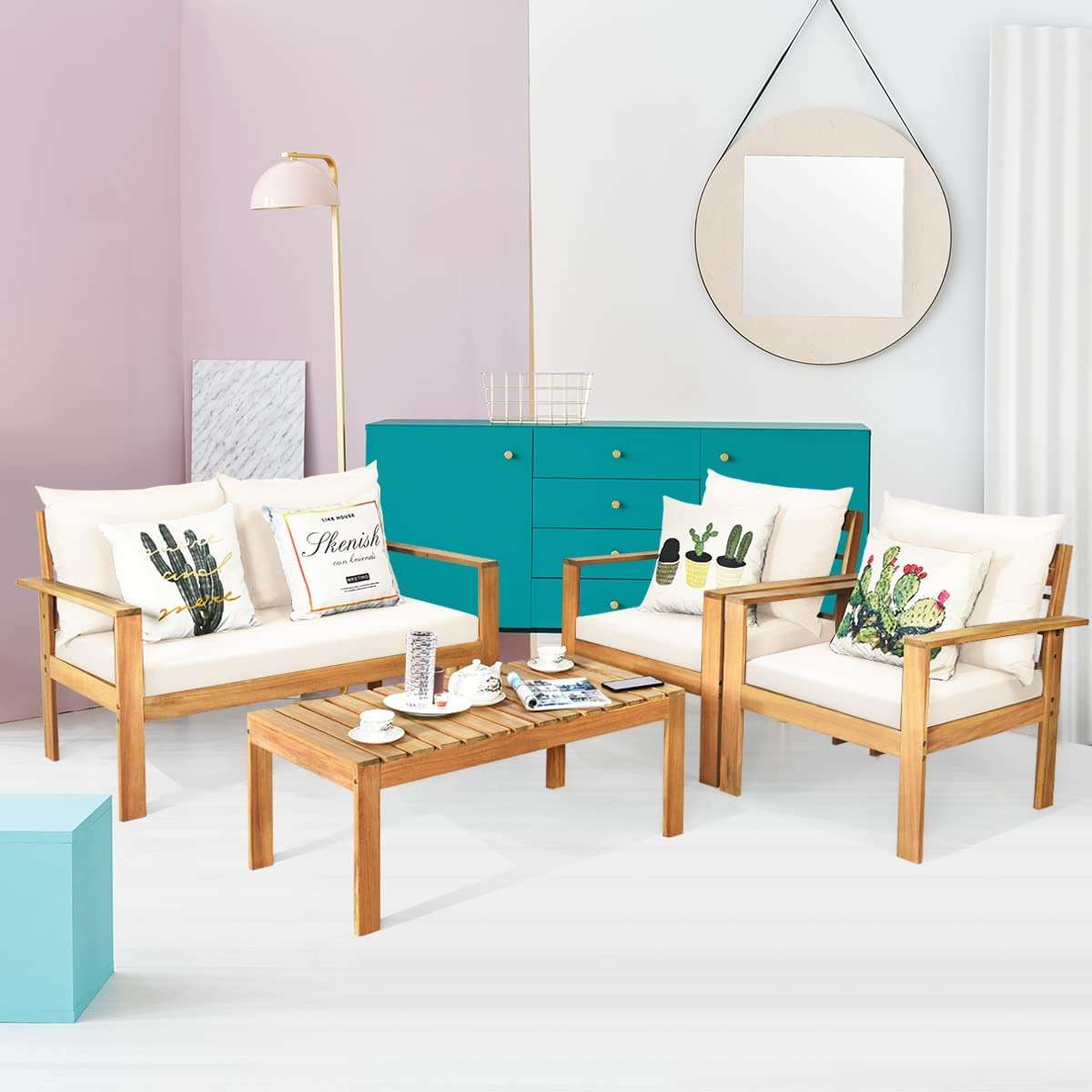 Tangkula Outdoor 4-Piece Acacia Wood Chat Set, 4 Seater Acacia Wood Conversation Sofa and Table Set with Water Resistant Cushions, Teak Finished (1, White) - Image 6