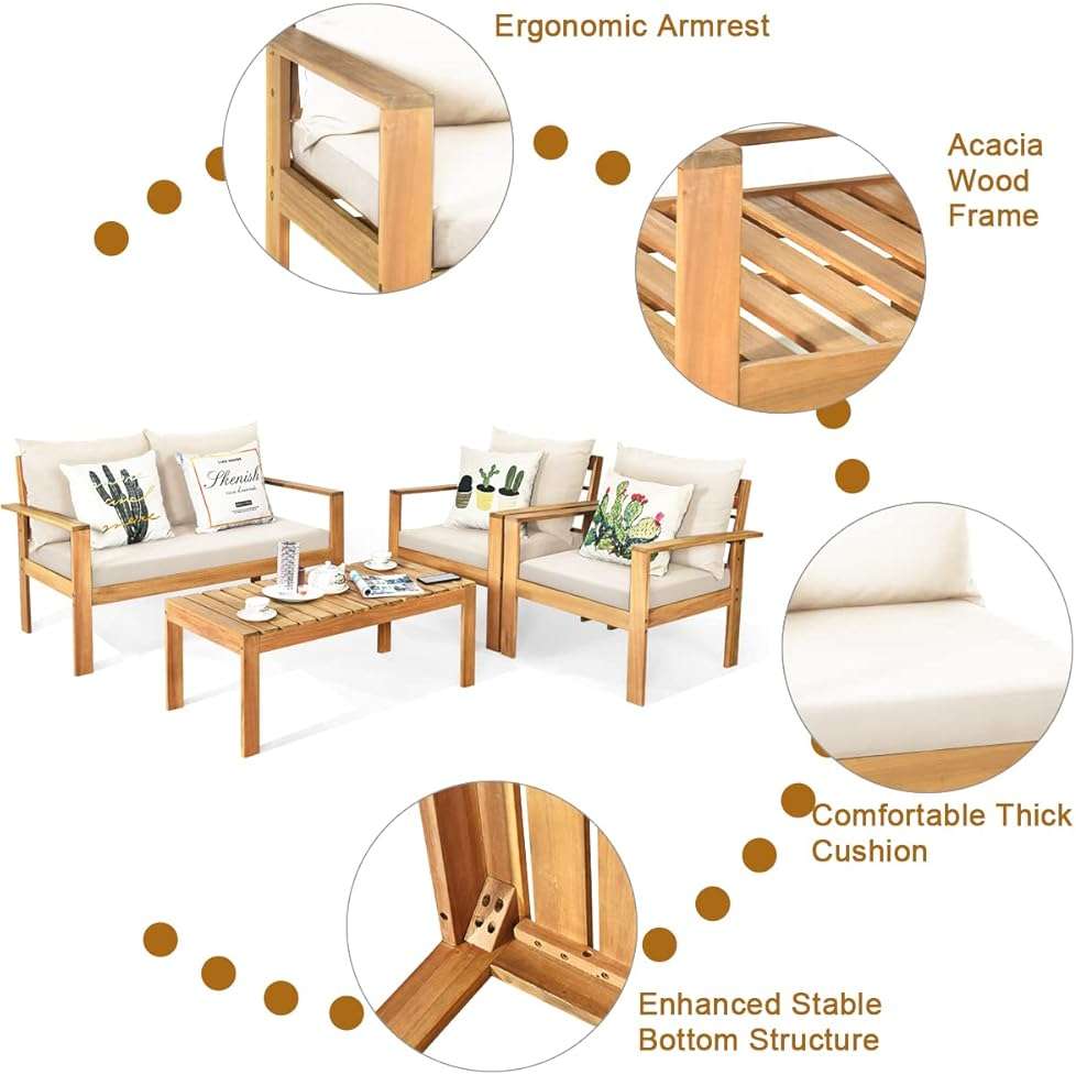 Tangkula Outdoor 4-Piece Acacia Wood Chat Set, 4 Seater Acacia Wood Conversation Sofa and Table Set with Water Resistant Cushions, Teak Finished (1, White) - Image 8