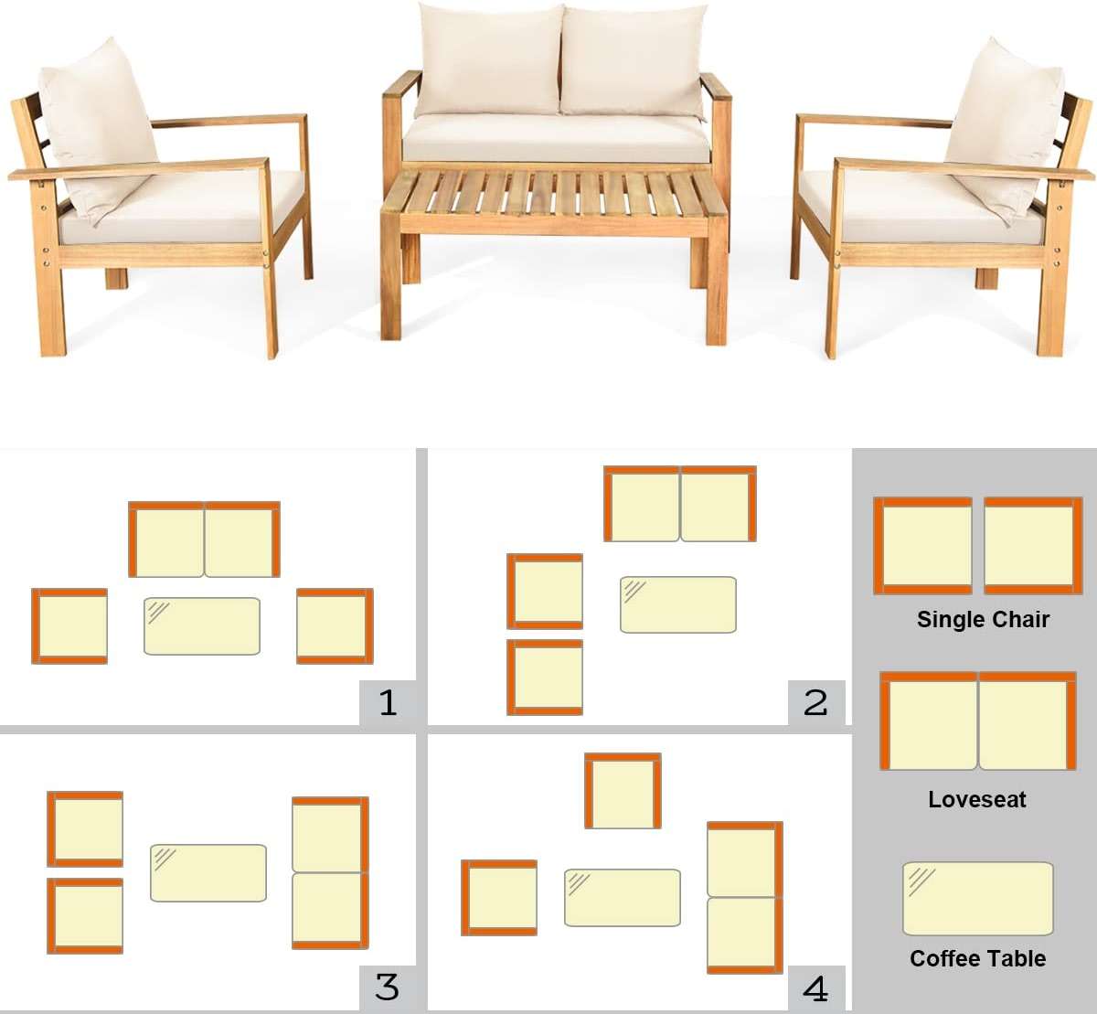 Tangkula Outdoor 4-Piece Acacia Wood Chat Set, 4 Seater Acacia Wood Conversation Sofa and Table Set with Water Resistant Cushions, Teak Finished (1, White) - Image 9