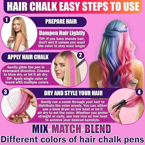 Jim&Gloria Dustless Hair Chalk Gifts for Girls Makeup Kit, Gift for Teen Girl Trendy Stuff, Kids, Teenage Tweens Teenager Temporary and Washable Color Dye Markers Age 7 8 9 10 11 12 13 14 Year Old Toy - Image 3