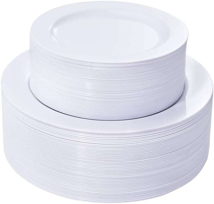 FLOWERCAT 100PCS White Plastic Plates-Heavy Duty White Disposable Plates for Christmas/Easter/Party/Wedding -Serve 50 guests 10.25inch & 7.5inch - Image 1