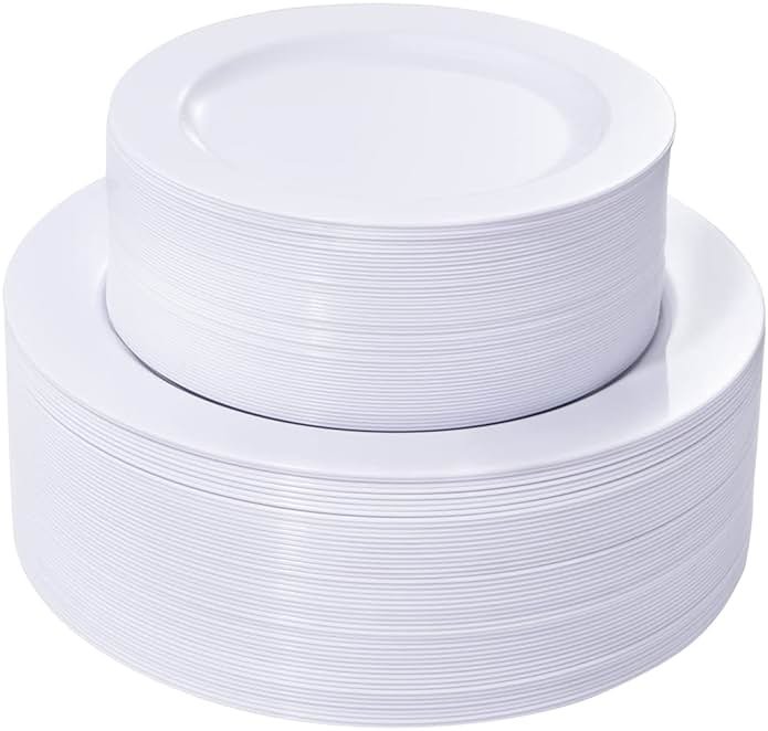 FLOWERCAT 100PCS White Plastic Plates-Heavy Duty White Disposable Plates for Christmas/Easter/Party/Wedding -Serve 50 guests 10.25inch & 7.5inch - Product Image