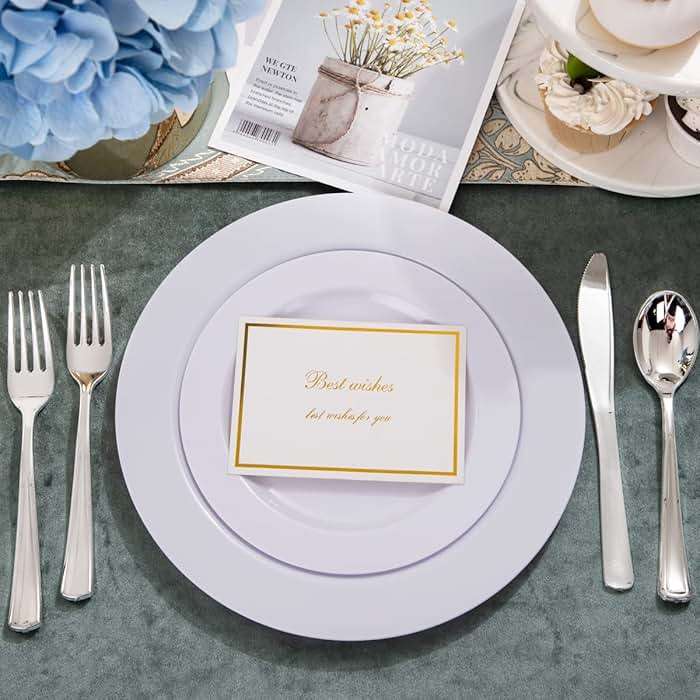 FLOWERCAT 100PCS White Plastic Plates-Heavy Duty White Disposable Plates for Christmas/Easter/Party/Wedding -Serve 50 guests 10.25inch & 7.5inch - Image 4