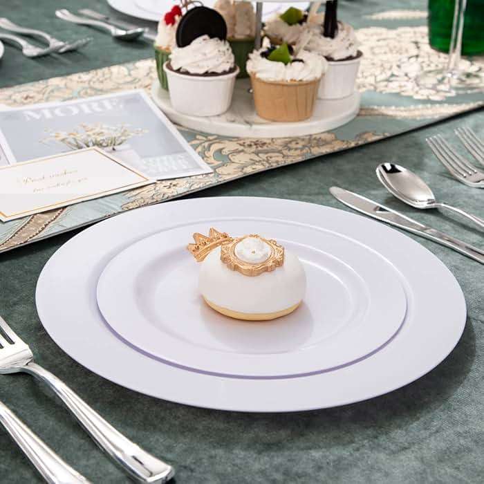 FLOWERCAT 100PCS White Plastic Plates-Heavy Duty White Disposable Plates for Christmas/Easter/Party/Wedding -Serve 50 guests 10.25inch & 7.5inch - Image 5