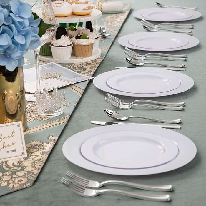 FLOWERCAT 100PCS White Plastic Plates-Heavy Duty White Disposable Plates for Christmas/Easter/Party/Wedding -Serve 50 guests 10.25inch & 7.5inch - Image 6