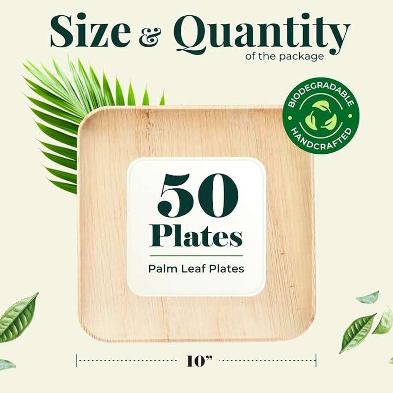 Palm Leaf Plates 10 Inch Bamboo Paper Disposable 50 Bulk Dinner Square Party Plates Event Tableware Eco Biodegradable Compostable Wooden Plate Best Alternative to Plastic Plate, By KoalaLove - Image 2