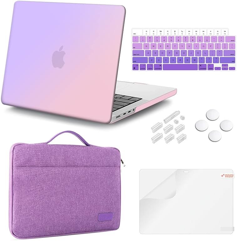 iCasso for MacBook Pro 14 inch Case 2025-2023 2021 Release M5 A3434 A3112 A3401 A3185 A2918 A2992 A2779 A2442 M4 M3 M2 M1 Pro/Max, Bundle 5 in 1, Case, Sleeve Bag for Mac Pro 14, Gradient Purple - Product Image