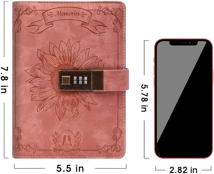 Lock Diary for Women Girls Vintage Lock Journal Refillable Personal Locking Diary Leather Locking Journal Writing Notebook B6 Secret Journal with Combination Passwords 5.5 x 7.8 in, Sunflower Pink - Image 3