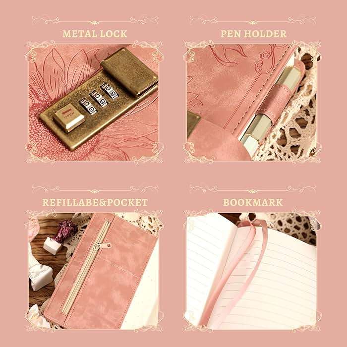 Lock Diary for Women Girls Vintage Lock Journal Refillable Personal Locking Diary Leather Locking Journal Writing Notebook B6 Secret Journal with Combination Passwords 5.5 x 7.8 in, Sunflower Pink - Image 5