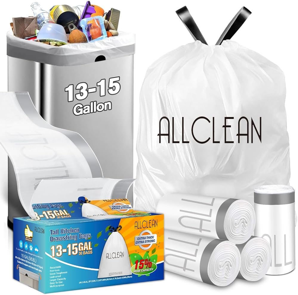 Allclean 13 To 15 Gallon Trash Bags, Tall Kitchen Garbage Bags Drawstring, Ultra Strong Recyclable Trash Bags Unscented Trash Can Liners For Kitchen and Commercial 30 Count (Pake of 1) - Product Image