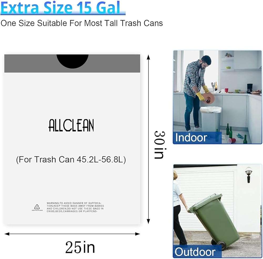 Allclean 13 To 15 Gallon Trash Bags, Tall Kitchen Garbage Bags Drawstring, Ultra Strong Recyclable Trash Bags Unscented Trash Can Liners For Kitchen and Commercial 30 Count (Pake of 1) - Image 2