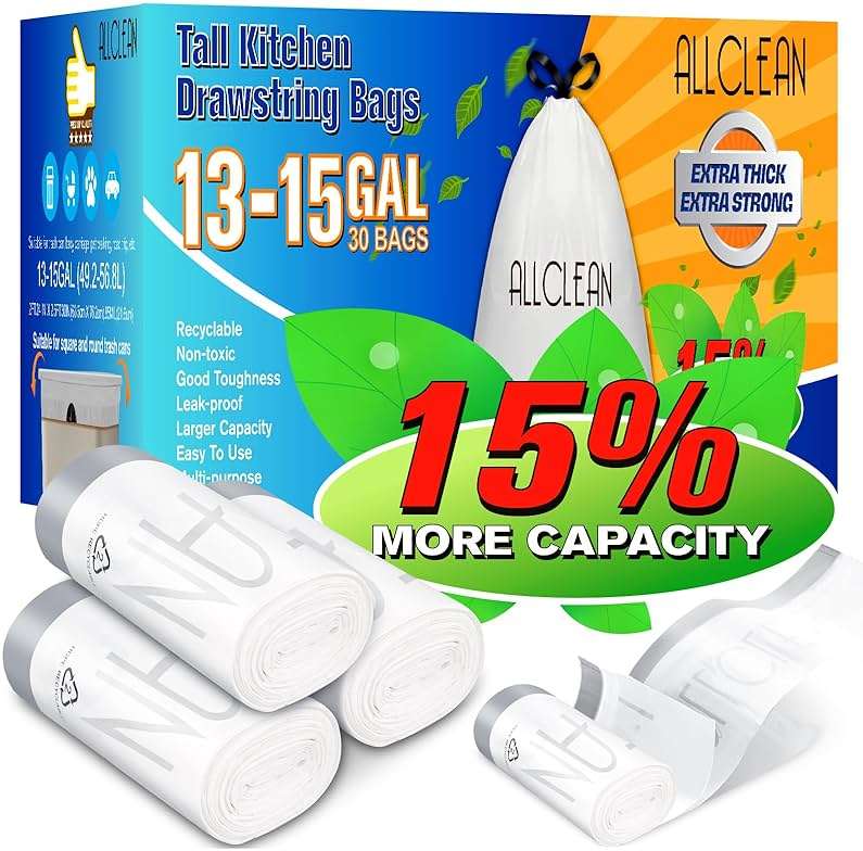 Allclean 13 To 15 Gallon Trash Bags, Tall Kitchen Garbage Bags Drawstring, Ultra Strong Recyclable Trash Bags Unscented Trash Can Liners For Kitchen and Commercial 30 Count (Pake of 1) - Image 5