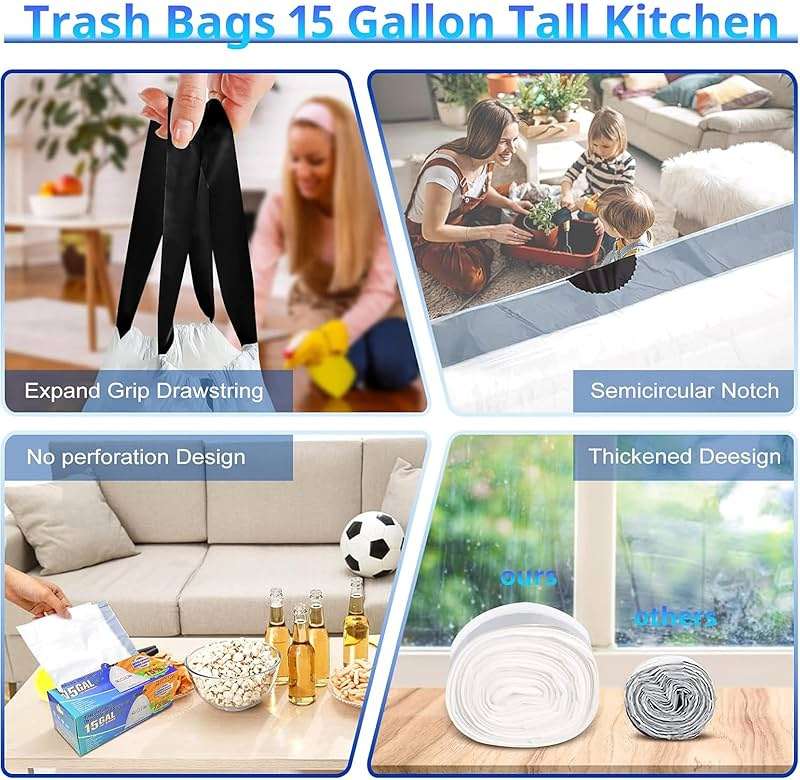Allclean 13 To 15 Gallon Trash Bags, Tall Kitchen Garbage Bags Drawstring, Ultra Strong Recyclable Trash Bags Unscented Trash Can Liners For Kitchen and Commercial 30 Count (Pake of 1) - Image 7