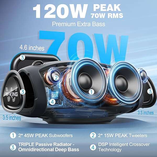 W-KING Bluetooth Speaker, 120W Max Loud Portable Speakers Bluetooth Wireless Boombox, IPX6 Waterproof Party Large Outdoor Speaker, 70W Triple Passive Radiators- Deep Bass/Subwoofer*2, 42H, TF, AUX, EQ - Image 2