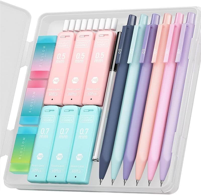 Four Candies Cute Mechanical Pencil Set, 6PCS Pastel Mechanical Pencils 0.5 & 0.7mm with 360PCS HB Leads, 3PCS Erasers and 9PCS Eraser Refills, Aesthetic School Supplies for Girls Writing - Product Image