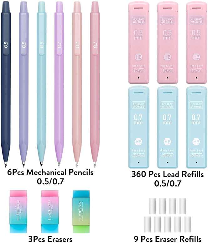 Four Candies Cute Mechanical Pencil Set, 6PCS Pastel Mechanical Pencils 0.5 & 0.7mm with 360PCS HB Leads, 3PCS Erasers and 9PCS Eraser Refills, Aesthetic School Supplies for Girls Writing - Image 6