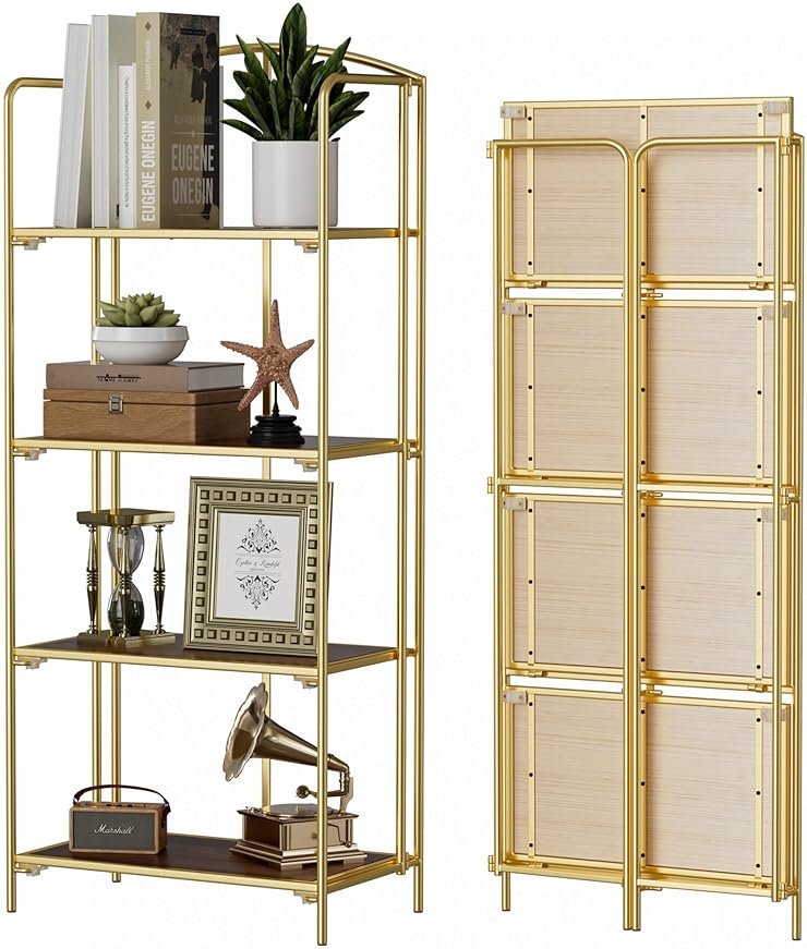 Crofy No Assembly Folding Bookshelf for Living Room, 4 Tier Gold Collapsible Book Shelf for Home Office, Portable Bookcase Storage Organizer - Product Image