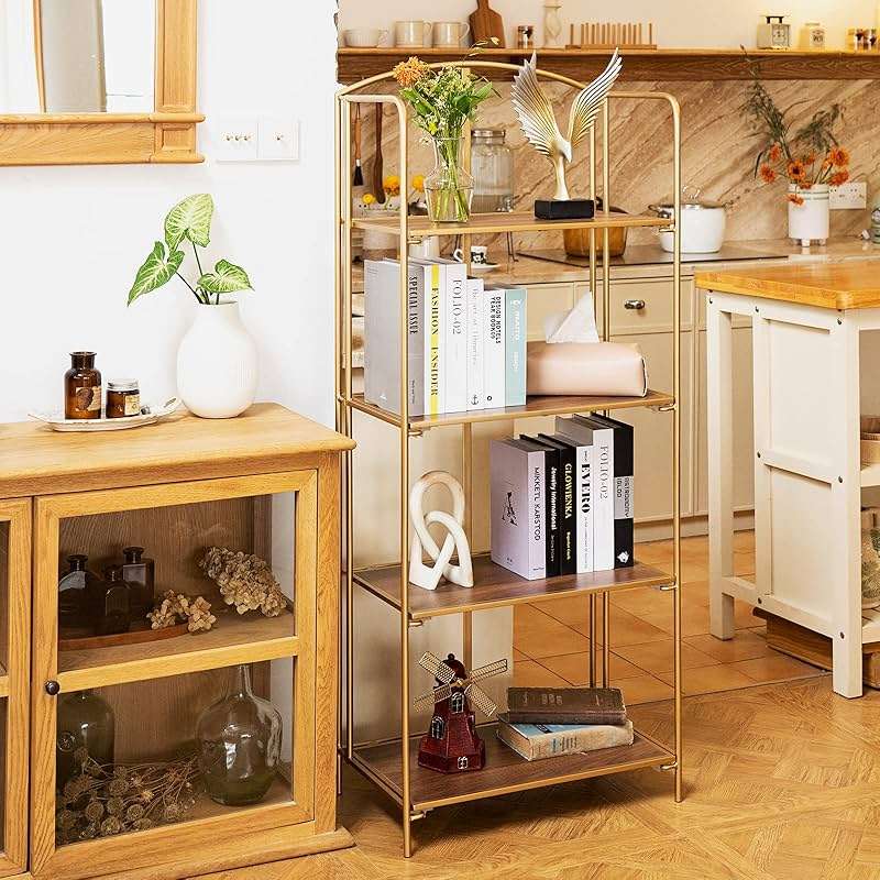 Crofy No Assembly Folding Bookshelf for Living Room, 4 Tier Gold Collapsible Book Shelf for Home Office, Portable Bookcase Storage Organizer - Image 2