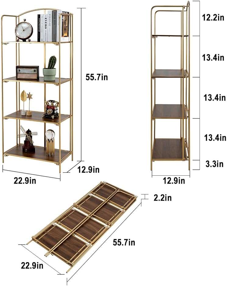 Crofy No Assembly Folding Bookshelf for Living Room, 4 Tier Gold Collapsible Book Shelf for Home Office, Portable Bookcase Storage Organizer - Image 3