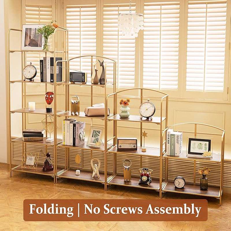 Crofy No Assembly Folding Bookshelf for Living Room, 4 Tier Gold Collapsible Book Shelf for Home Office, Portable Bookcase Storage Organizer - Image 4