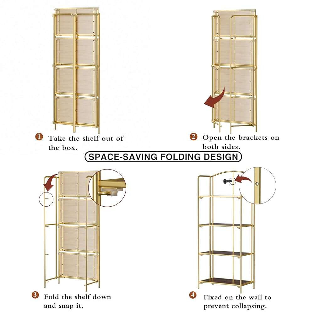 Crofy No Assembly Folding Bookshelf for Living Room, 4 Tier Gold Collapsible Book Shelf for Home Office, Portable Bookcase Storage Organizer - Image 6