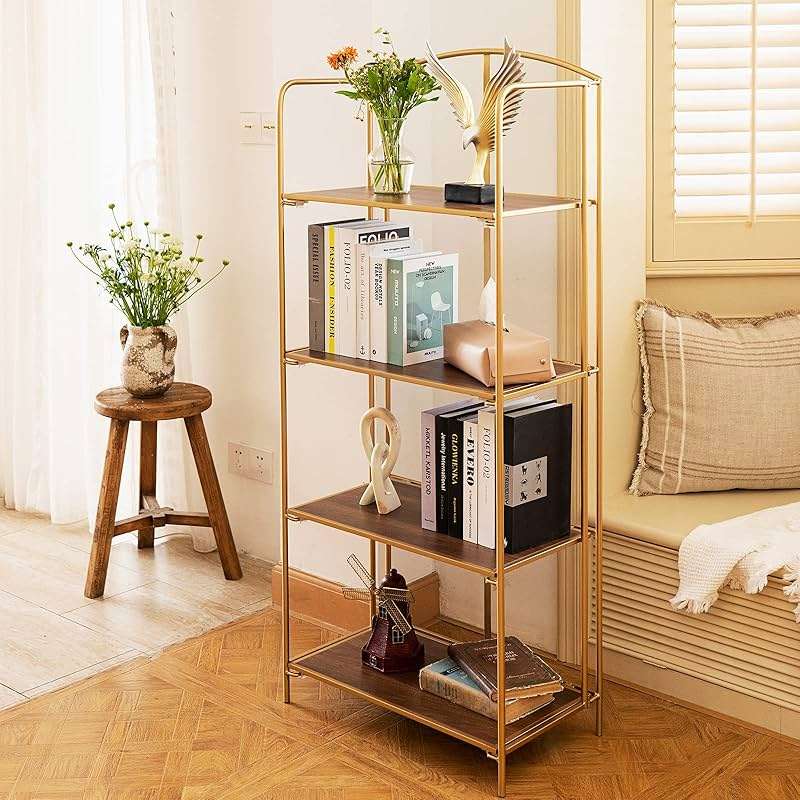 Crofy No Assembly Folding Bookshelf for Living Room, 4 Tier Gold Collapsible Book Shelf for Home Office, Portable Bookcase Storage Organizer - Image 7