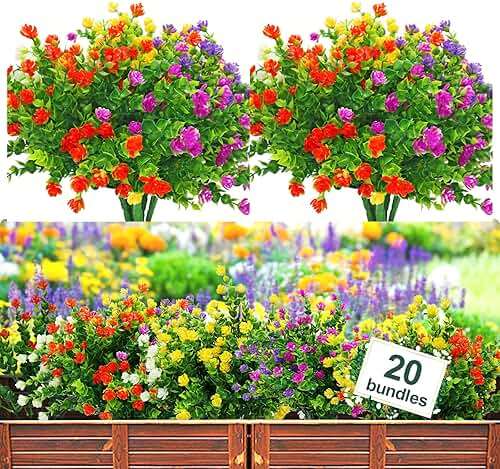 YIBUKIY 20 Bundles Artificial Flowers Outdoor Fake Plants, UV Resistant No Fade Faux Plastic Greenery Shrubs for Hanging Planter Garden Porch Window Box Outside Decoration,Home Indoor Decor, 5 Colors - Image 1