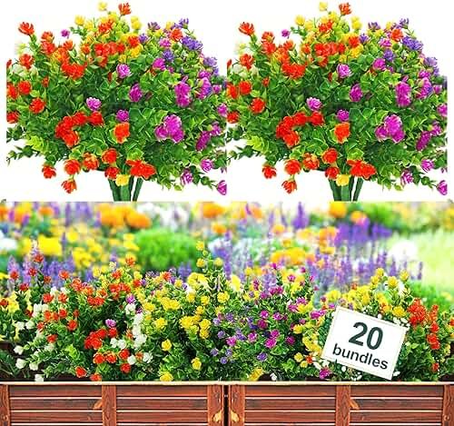 YIBUKIY 20 Bundles Artificial Flowers Outdoor Fake Plants, UV Resistant No Fade Faux Plastic Greenery Shrubs for Hanging Planter Garden Porch Window Box Outside Decoration,Home Indoor Decor, 5 Colors - Product Image