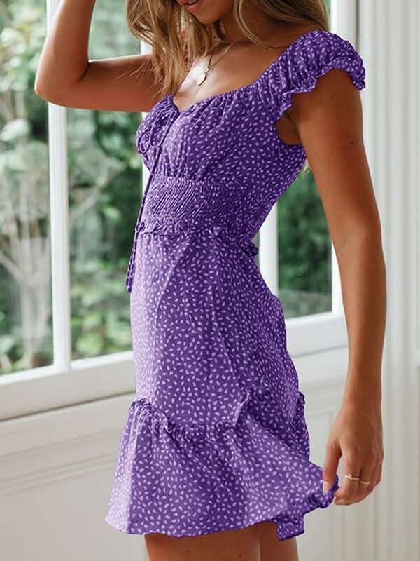 YOBECHO Womens Summer Ruffle Sleeve Sweetheart Neckline Printing Dress Mini Dresses - Image 2