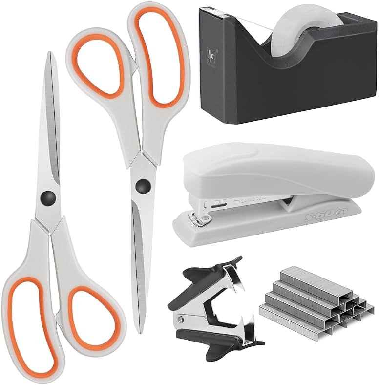 Asdirne Office Supplies Kit, Desk Accessory Set, Including 2 Scissors, 1 Stapler,1000 Pieces 26/6 Staples, 1 Staple Remover, 1 Tape Dispenser and 1 Tape, Perfect Office Partners - Product Image