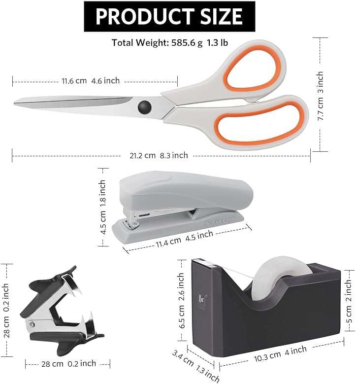 Asdirne Office Supplies Kit, Desk Accessory Set, Including 2 Scissors, 1 Stapler,1000 Pieces 26/6 Staples, 1 Staple Remover, 1 Tape Dispenser and 1 Tape, Perfect Office Partners - Image 3