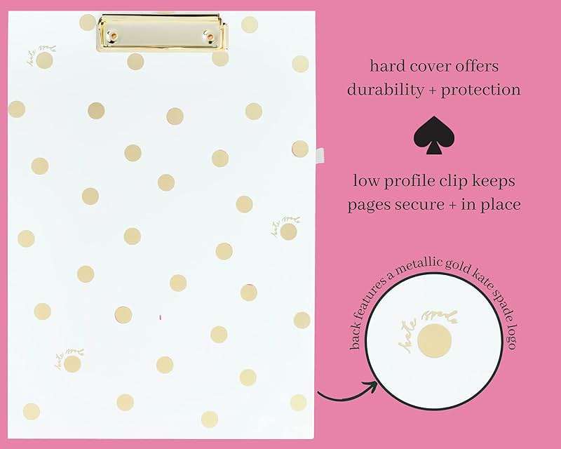 Kate Spade New York Clipboard Folio with Low Profile Clip, Professional Padfolio Includes Lined Notepad, Pen Loop, and Pocket, Gold Dot with Script - Image 4