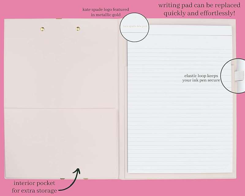 Kate Spade New York Clipboard Folio with Low Profile Clip, Professional Padfolio Includes Lined Notepad, Pen Loop, and Pocket, Gold Dot with Script - Image 5
