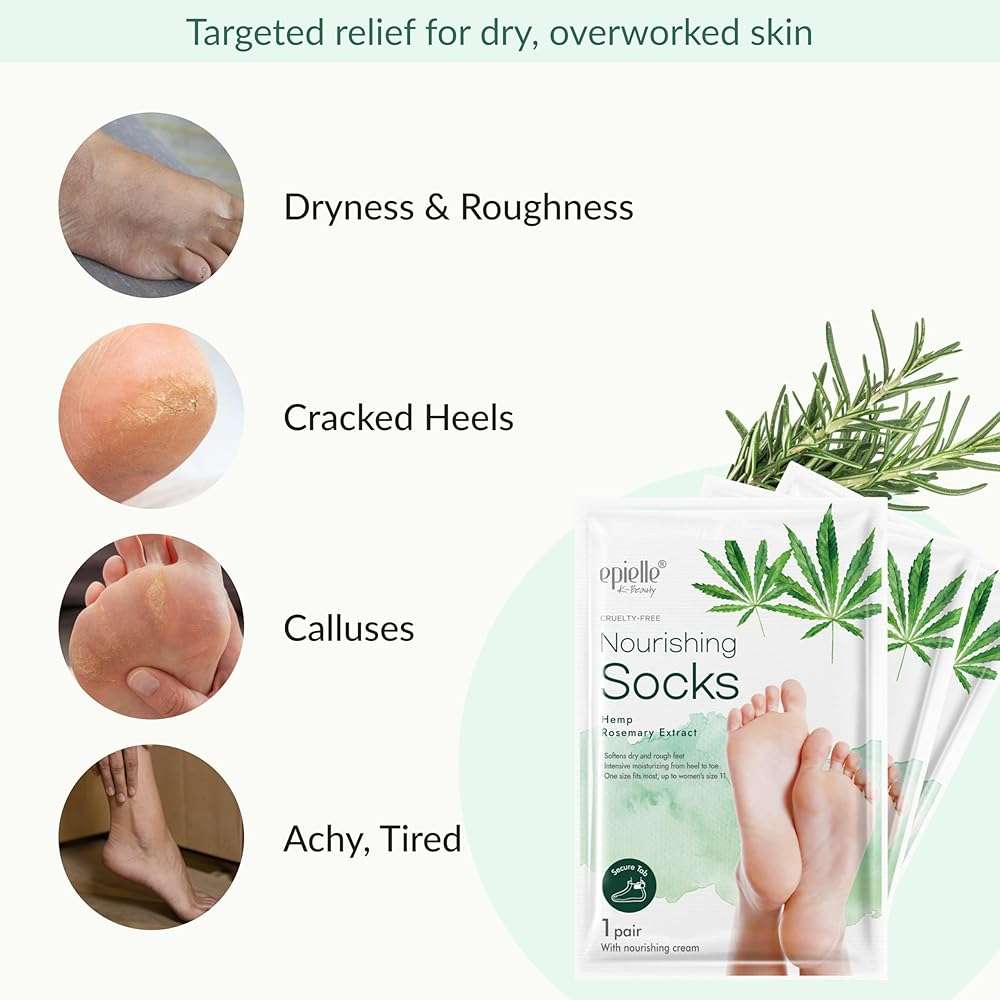 Epielle Nourishing Foot Mask 6 Pairs, Repair and Soften with Hemp & Rosemary Extract, Deep Moisturizing Socks for Dry, Cracked Feet, Self Care Gifts for Women, Spa Kit - Image 4