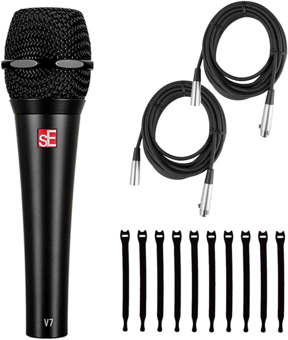 Briskdrop sE Electronics V7 Black Dynamic Supercardioid Handheld Microphone, Black - Bundle with 2 XLR Cables and 10 Cable Ties - Image 1