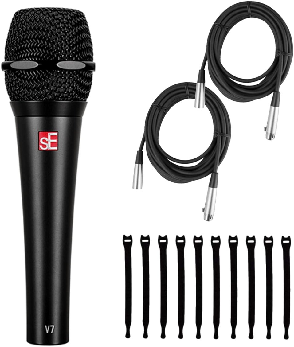 Briskdrop sE Electronics V7 Black Dynamic Supercardioid Handheld Microphone, Black - Bundle with 2 XLR Cables and 10 Cable Ties - Product Image