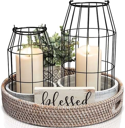 Rustic Farmhouse Lantern Decor Set of 2 - Stylish Decorative Lanterns for Your Living Room, Patio & Porch or Kitchen Dining Table - Modern Indoor/Outdoor Coffee Table Decor for Your Entire Home - Product Image