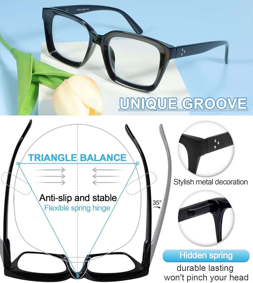 MARE AZZURO Retro Square Reading Glasses Men Large Readers 1.0 1.25 1.5 1.75 2.0 2.25 2.5 2.75 3.0 3.5 4.0 5.0 6.0 (Black, 1.00) - Image 4