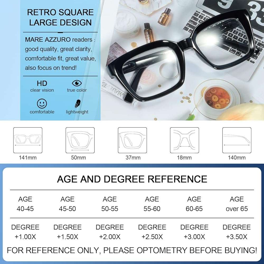 MARE AZZURO Retro Square Reading Glasses Men Large Readers 1.0 1.25 1.5 1.75 2.0 2.25 2.5 2.75 3.0 3.5 4.0 5.0 6.0 (Black, 1.00) - Image 5