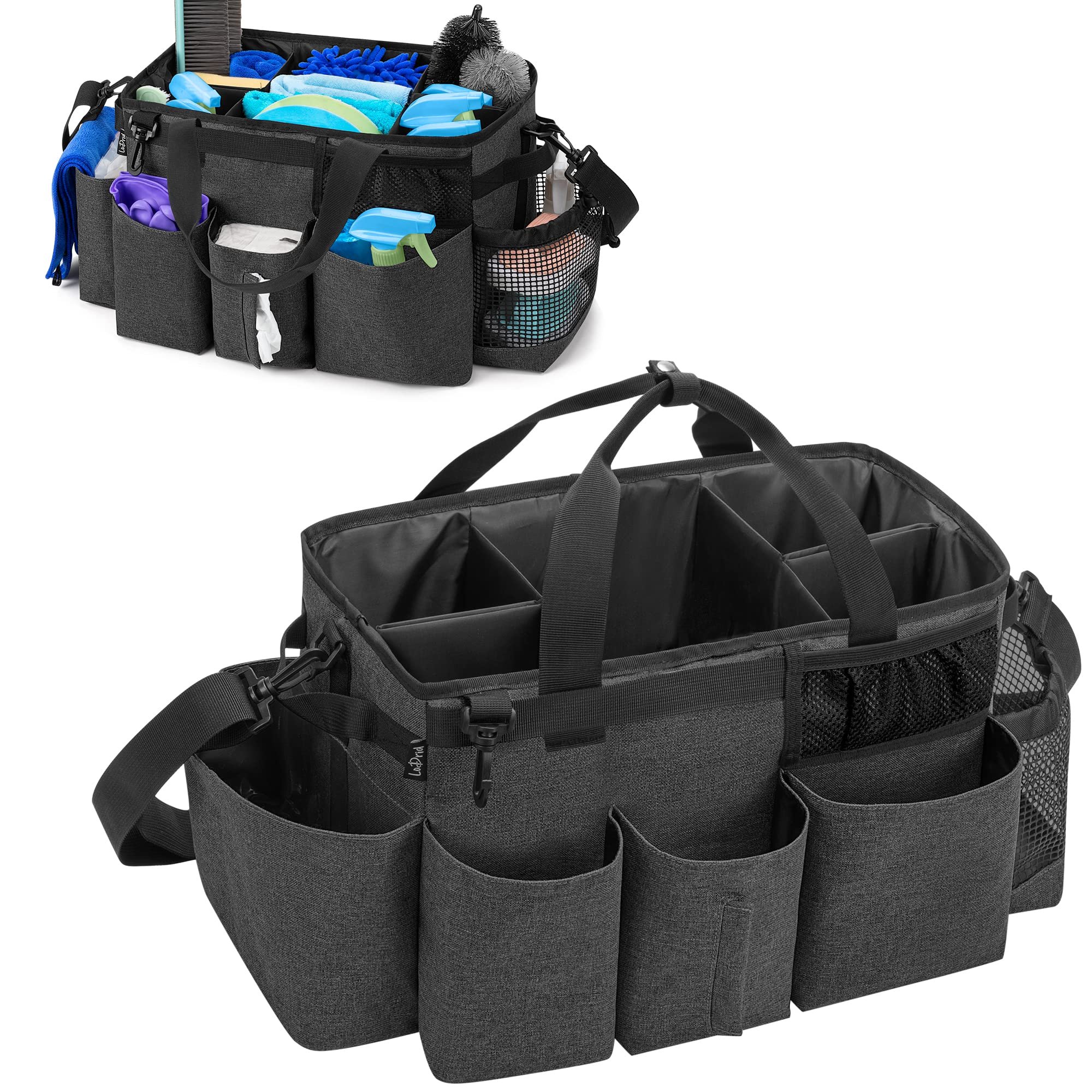 LoDrid Wearable Cleaning Caddy Bag with 4 Foldable Dividers, Cleaning Supply Organizer with Shoulder Strap and Side Handles for Cleaners & Housekeepers, Black - Product Image