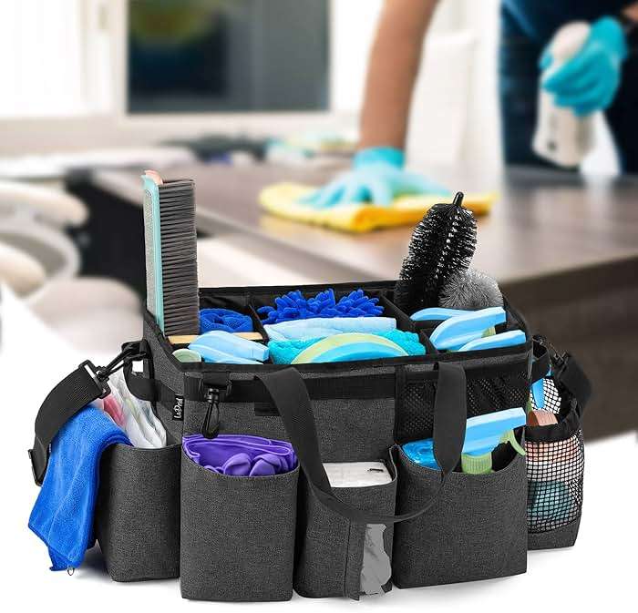 LoDrid Wearable Cleaning Caddy Bag with 4 Foldable Dividers, Cleaning Supply Organizer with Shoulder Strap and Side Handles for Cleaners & Housekeepers, Black - Image 3
