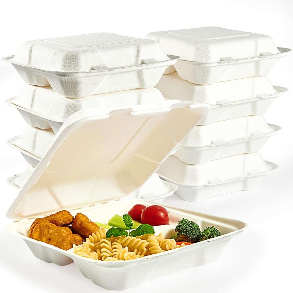 Vplus 100% Compostable Clamshell Take Out Food Containers, 90 PACK 8 inch x 8 inch Eco-Friendly Disposable 3 Compartment, Heavy-Duty Bagasse To-Go Containers for Next Day Lunch, Potluck Party - Image 1