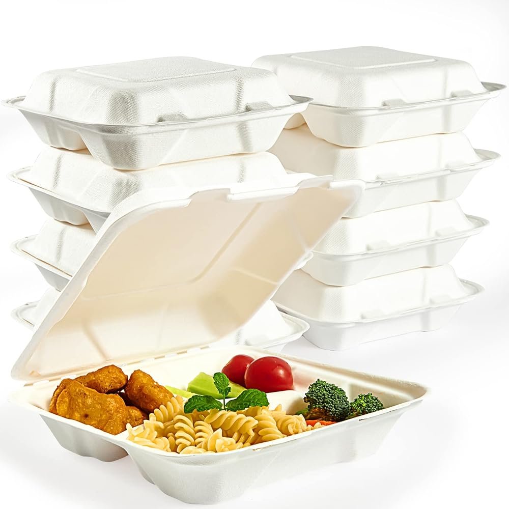 Vplus 100% Compostable Clamshell Take Out Food Containers, 90 PACK 8 inch x 8 inch Eco-Friendly Disposable 3 Compartment, Heavy-Duty Bagasse To-Go Containers for Next Day Lunch, Potluck Party - Product Image