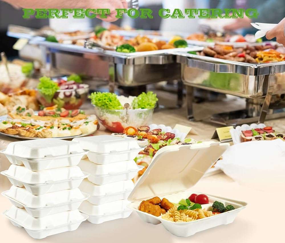 Vplus 100% Compostable Clamshell Take Out Food Containers, 90 PACK 8 inch x 8 inch Eco-Friendly Disposable 3 Compartment, Heavy-Duty Bagasse To-Go Containers for Next Day Lunch, Potluck Party - Image 2