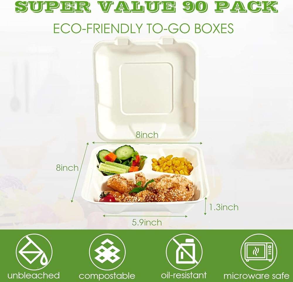 Vplus 100% Compostable Clamshell Take Out Food Containers, 90 PACK 8 inch x 8 inch Eco-Friendly Disposable 3 Compartment, Heavy-Duty Bagasse To-Go Containers for Next Day Lunch, Potluck Party - Image 3