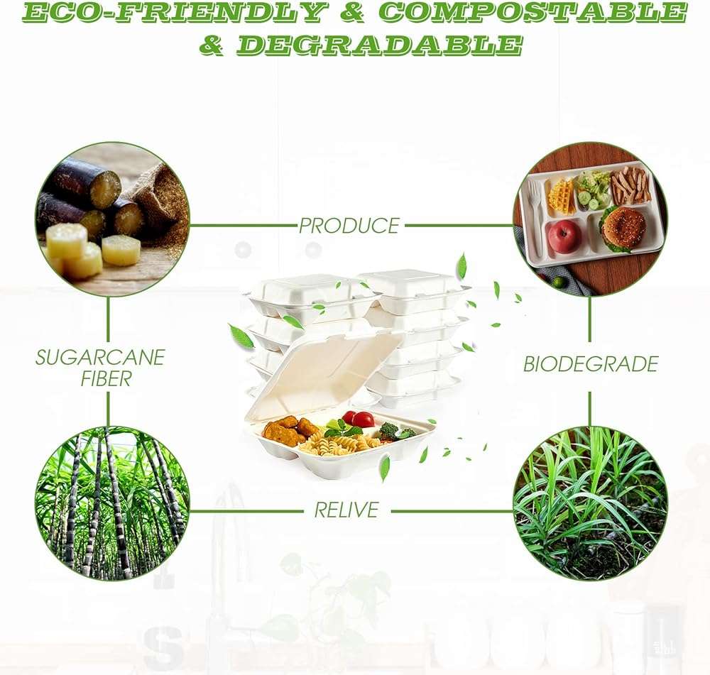 Vplus 100% Compostable Clamshell Take Out Food Containers, 90 PACK 8 inch x 8 inch Eco-Friendly Disposable 3 Compartment, Heavy-Duty Bagasse To-Go Containers for Next Day Lunch, Potluck Party - Image 4