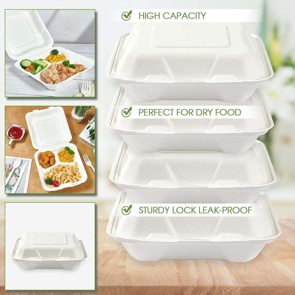 Vplus 100% Compostable Clamshell Take Out Food Containers, 90 PACK 8 inch x 8 inch Eco-Friendly Disposable 3 Compartment, Heavy-Duty Bagasse To-Go Containers for Next Day Lunch, Potluck Party - Image 5
