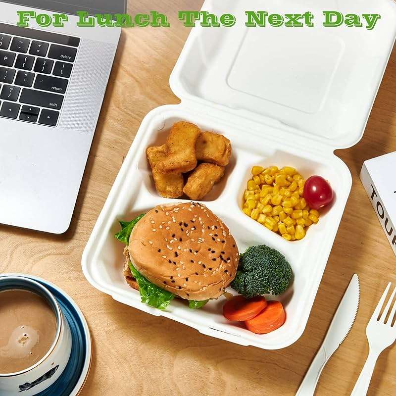 Vplus 100% Compostable Clamshell Take Out Food Containers, 90 PACK 8 inch x 8 inch Eco-Friendly Disposable 3 Compartment, Heavy-Duty Bagasse To-Go Containers for Next Day Lunch, Potluck Party - Image 6