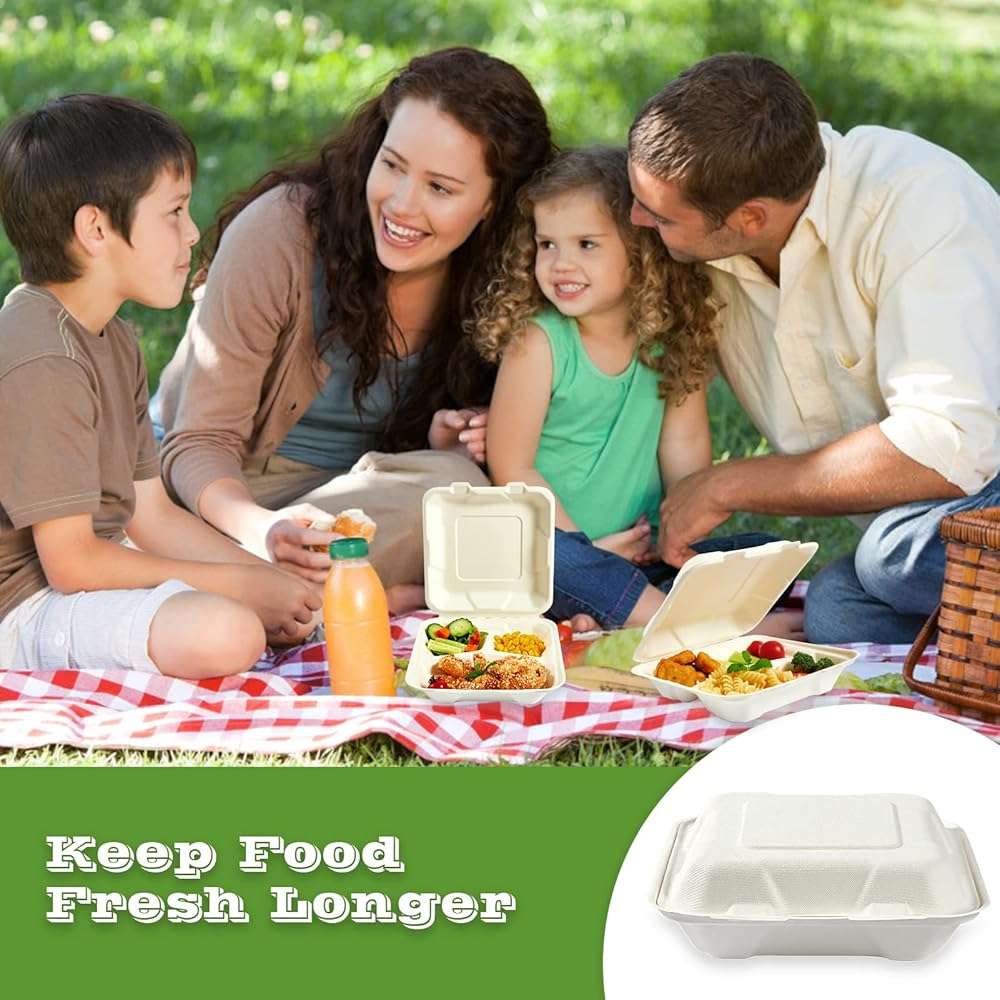 Vplus 100% Compostable Clamshell Take Out Food Containers, 90 PACK 8 inch x 8 inch Eco-Friendly Disposable 3 Compartment, Heavy-Duty Bagasse To-Go Containers for Next Day Lunch, Potluck Party - Image 7