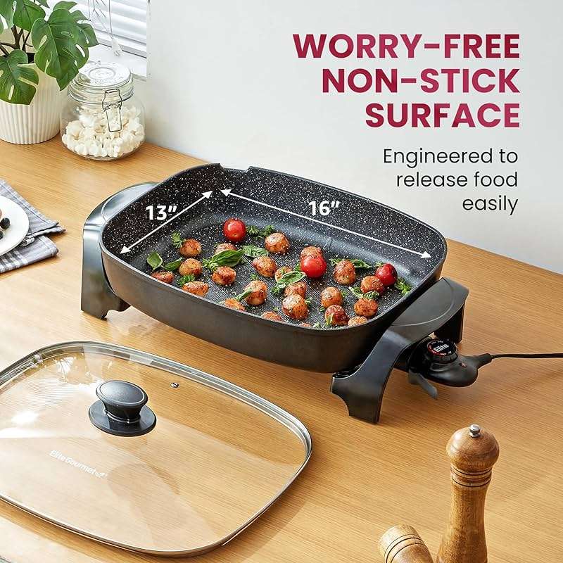 Elite Gourmet EG-6203# Extra Deep 16"x13" (10.5 Qt.) Non-Stick Electric Skillet with Glass Vented Lid & Pour Spout | Dishwasher Safe, Long-Lasting Non-Stick, 200-400°F | Serves 6-8, Black - Image 4